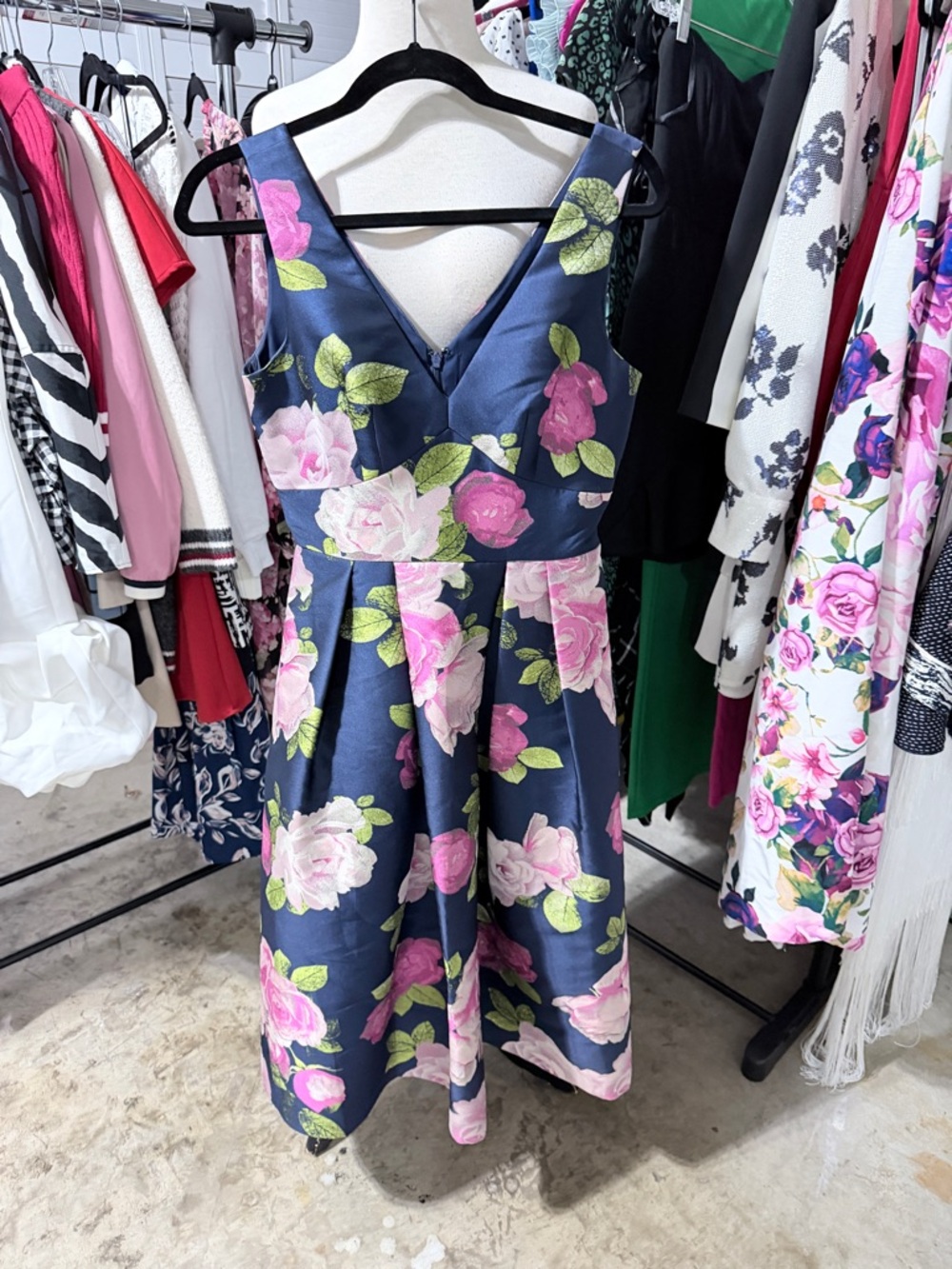 Eliza J Navy Floral Fit-and-Flare Dress with Pink Roses